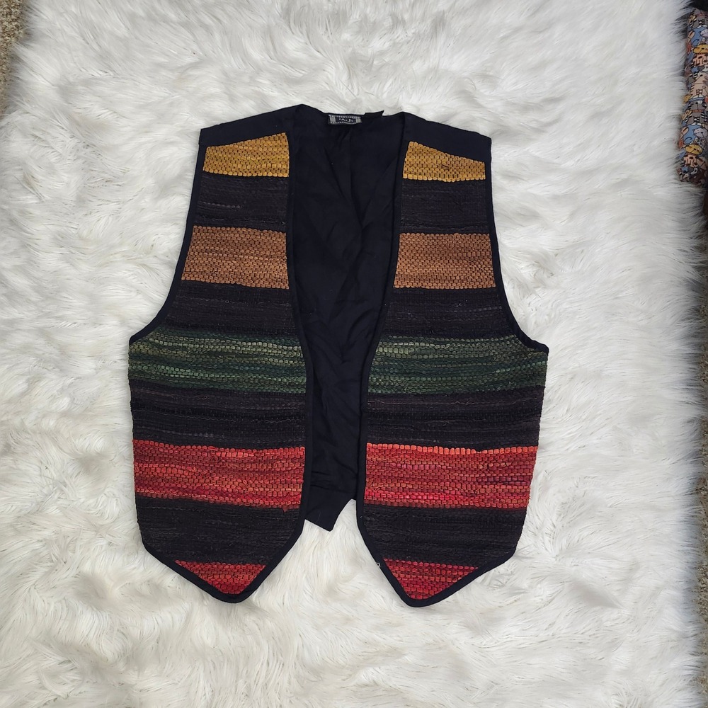 Vintage AJ Woven Leather Patchwork Vest Large Striped Boho Western Earthy India